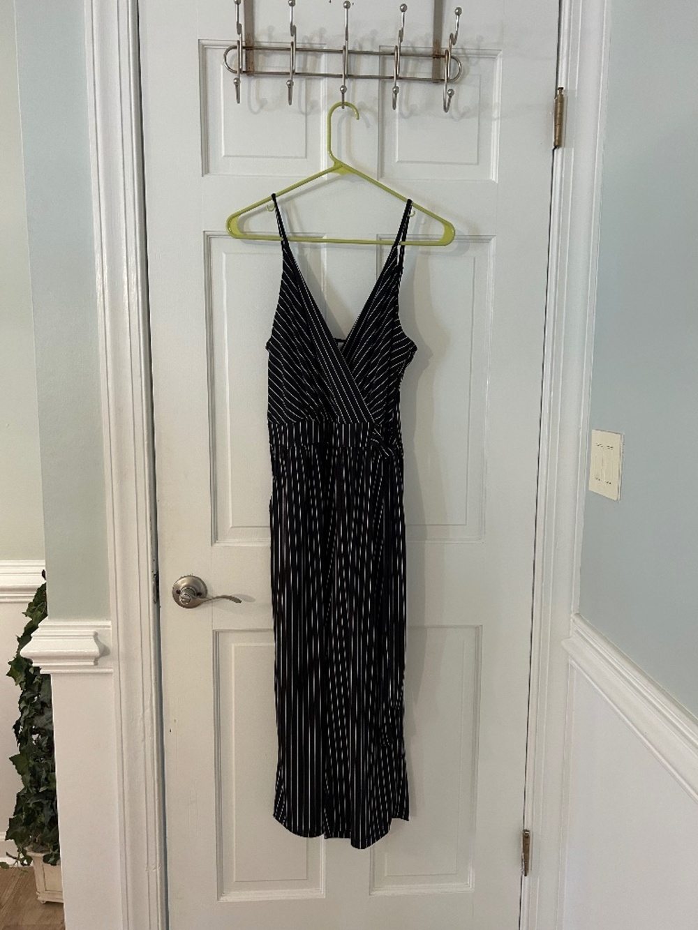 Black & White Pinstripe Wrap Front Wide Leg Romper